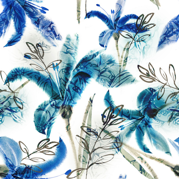 Watercolor Lilies Seamless Pattern - Foto, Imagen