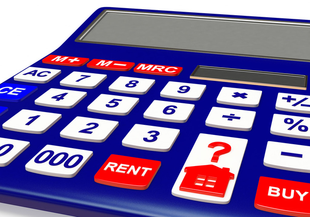 Calculator met huisje en woorden koop, huur - Foto, afbeelding