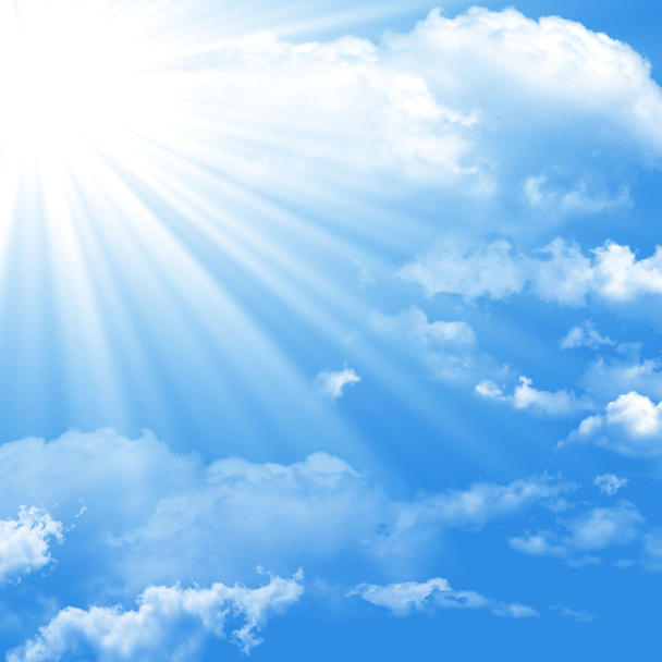 Błękitne niebo z chmurami i słońcem - Zdjęcie, obraz