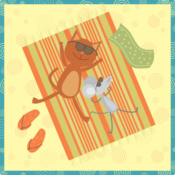 Cat and mouse sunbathing on the beach - Vector, afbeelding