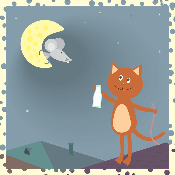 A cat on the roof and a mouse on the moon - Διάνυσμα, εικόνα