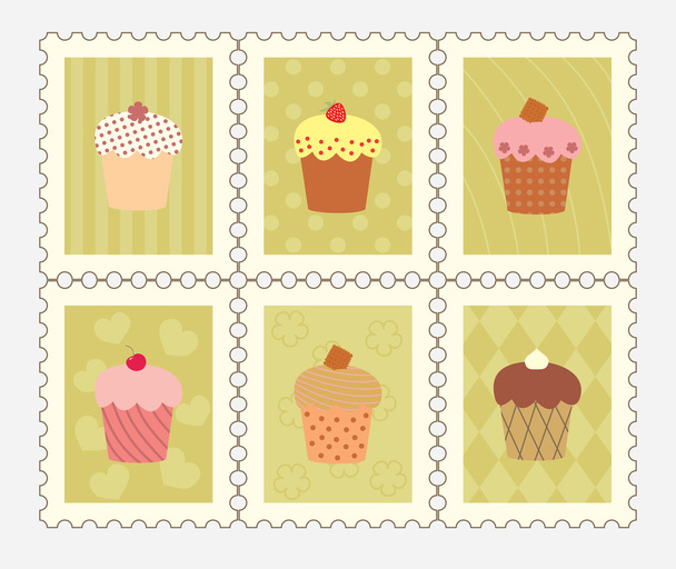 Postage stamps with decorated cupcakes - Vektör, Görsel