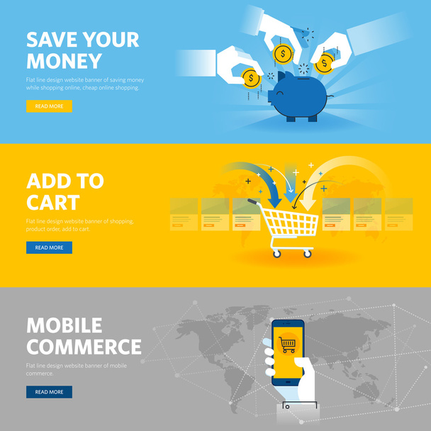 Set di banner web design flat line per mobile commerce, banking e risparmio, shopping online, m-banking
 - Vettoriali, immagini