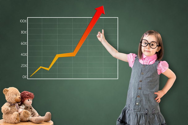 Cute little girl wearing business dress and showing achievement graph on green chalk board. - Photo, Image