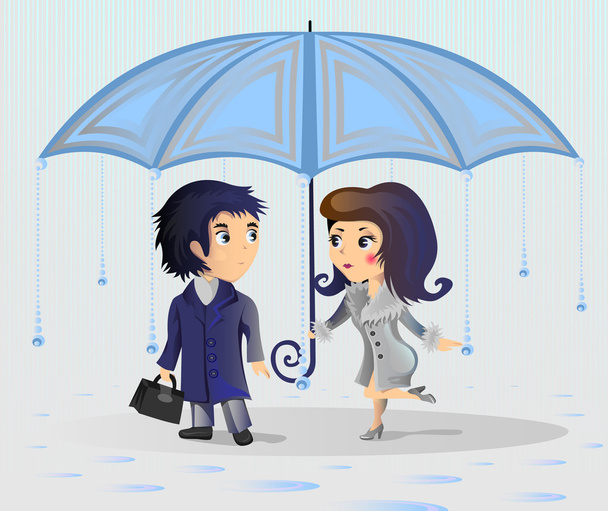 man en vrouw permanent onder een paraplu - Vector, afbeelding