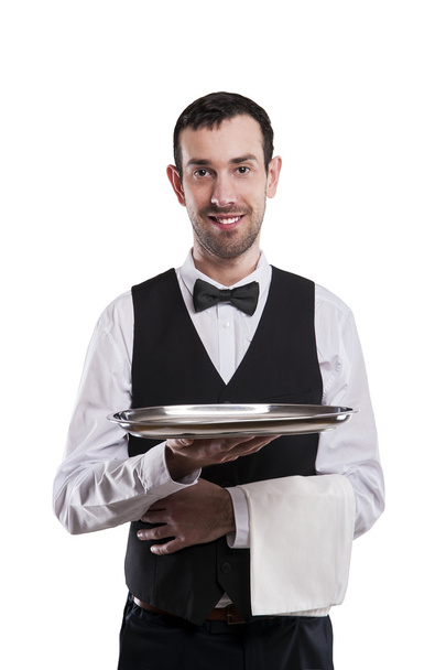 Σερβιτόρος δίσκο εκμετάλλευση. Απομονωθεί σε λευκό φόντο. Χαμογελαστά αλλά - Φωτογραφία, εικόνα