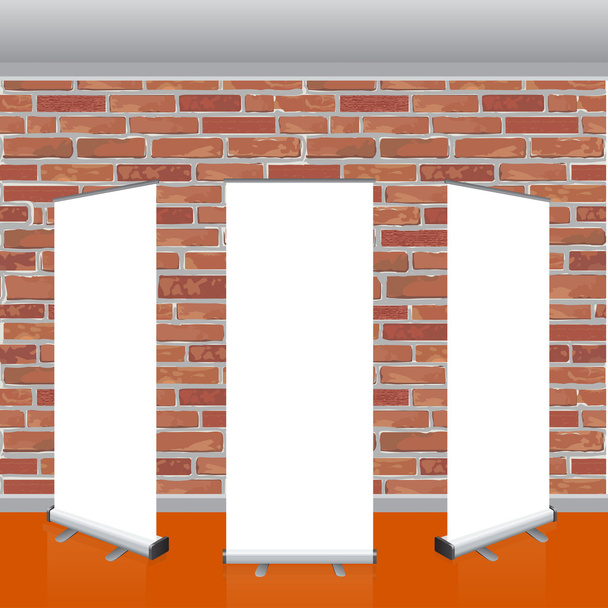 leere Vektor-Roll-up-Banner zeigen Attrappe. rote Ziegelmauer. - Vektor, Bild