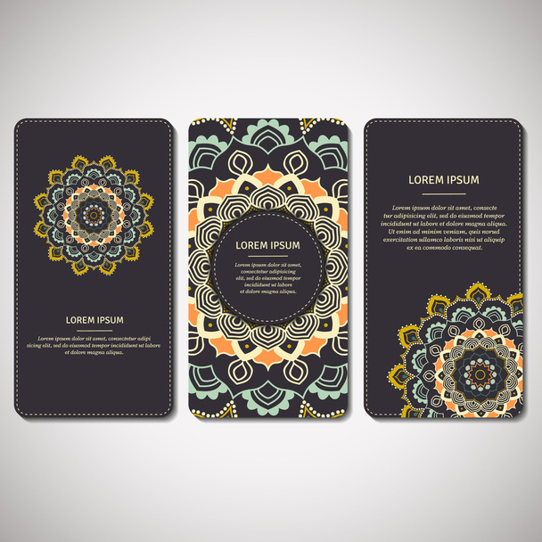 Set of abstract ornamental cards, flyers with flower mandala in dark blue, orange, turquoise colors. Vintage decorative elements. Indian, asian, arabic, islamic, ottoman motif. Vector illustration. - Vecteur, image