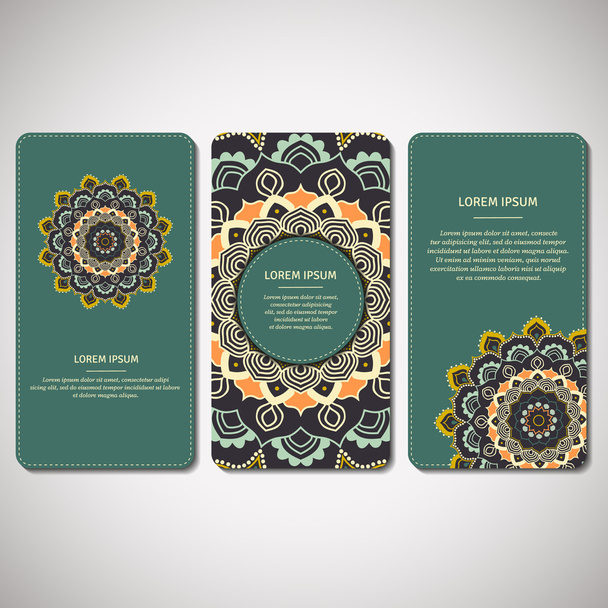 Set of ornamental cards, flyers with flower mandala in turquoise, dark blue, orange  colors. Vintage decorative elements. Indian, asian, arabic, islamic, ottoman motif. Vector illustration. - ベクター画像