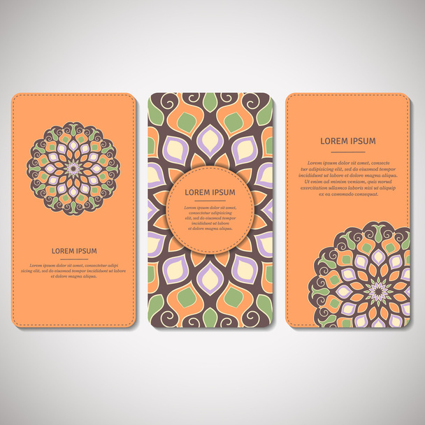 Set of abstract ornamental cards, flyers with flower mandala in orange, , brown, green colors. Vintage decorative elements. Indian, asian, arabic, islamic, ottoman motif. Vector illustration. - Wektor, obraz