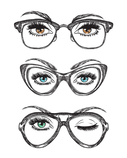 Käsin piirretty naisten silmät vintage lasit
 - Vektori, kuva