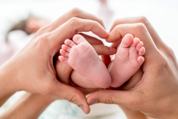 recién nacidos pies de bebé en las manos de mamá y papá, forma como un corazón encantador. concepto familiar feliz
 - Foto, imagen