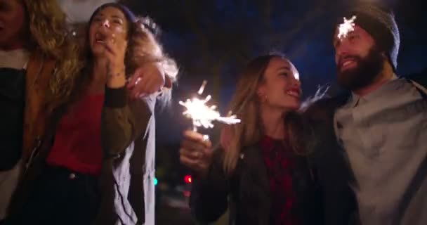 przyjaciele świętuje wraz z ognie w nocy - Materiał filmowy, wideo