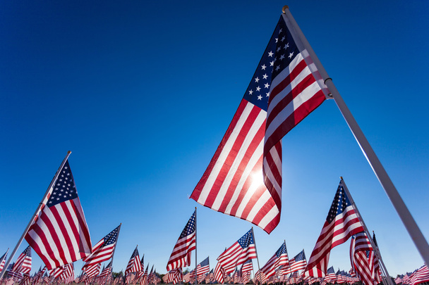 Un affichage de drapeaux américains avec un fond de ciel
 - Photo, image