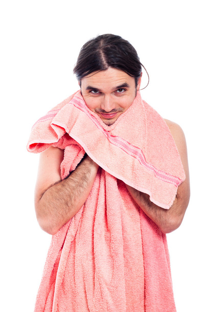 Jovem homem bonito feliz com toalha
 - Foto, Imagem