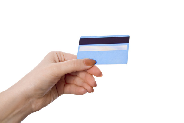 Carta di credito femminile isolata su carta bianca
 - Foto, immagini
