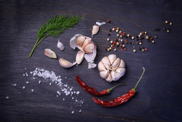Seasoning ingredients: spices, pepper mix, chili pepper, garlic, dill, salt. Top view on rustic wooden table. - Fotografie, Obrázek
