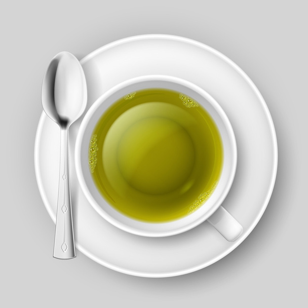 Cup of green tea with spoon over grey background - Vetor, Imagem