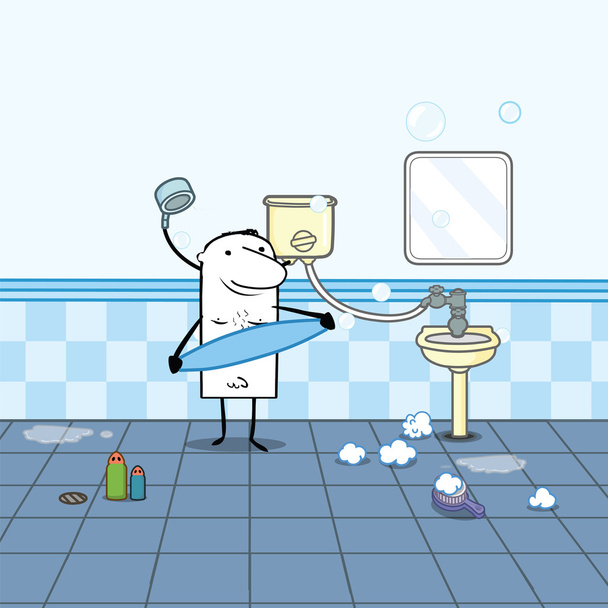 Homem dos desenhos animados em um banheiro com chuveiro
 - Vetor, Imagem