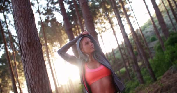 Athlete stretching in forest - Filmati, video