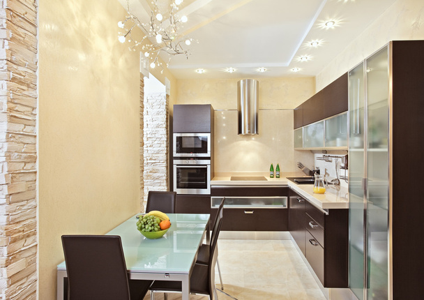 Modern Kitchen interior in warm tones - Fotoğraf, Görsel