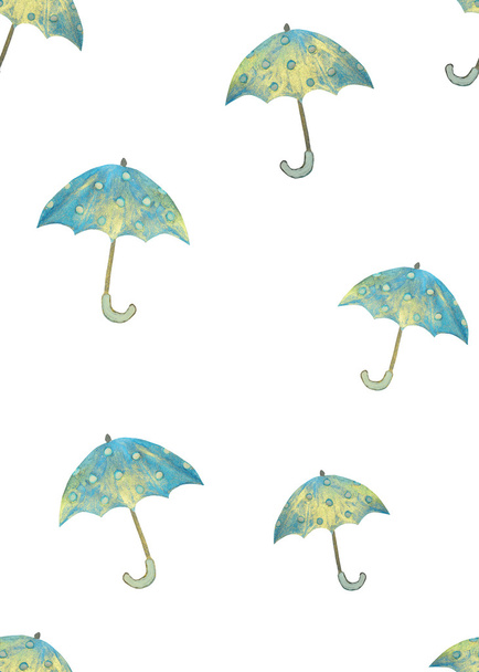 Χωρίς ραφές με χειροποίητα μπλε ομπρέλες με λευκούς κύκλους σε λευκό φόντο - Φωτογραφία, εικόνα