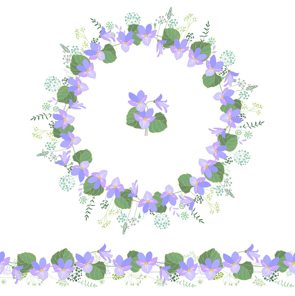 Floral round garland and endless pattern brush made of violas. Flowers for romantic and easter design, decoration,  greeting cards, posters, advertisement. - Vektor, Bild