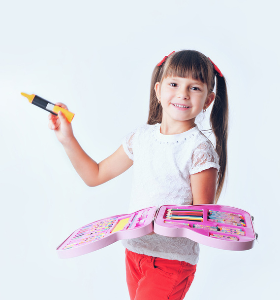 little girl schoolboy draws with colored markers - Photo, Image