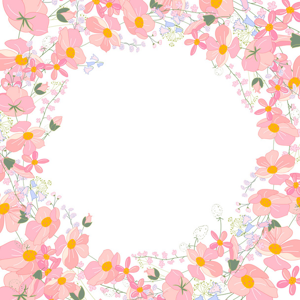 Floral abstract square template with stylized herbs and pink flowers.  Silhouette of plants. - Vector, afbeelding