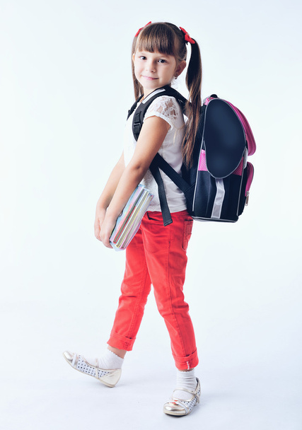 Portrait of teenager girl with school backpack holding colored folders isolated on white background - Zdjęcie, obraz