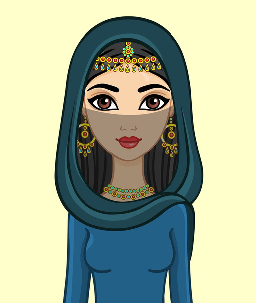Animation east girl in a burqa and gold jewelry isolated on a beige background. - ベクター画像
