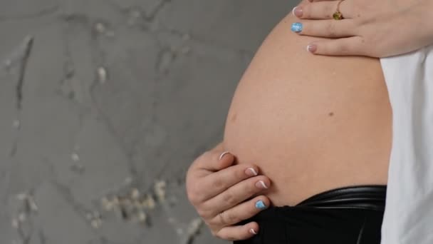 Happy pregnant woman on a gray background. Strokes his stomach. - Filmagem, Vídeo