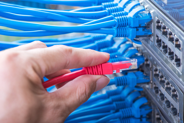 man working in network server room with fiber optic hub for digi - Photo, Image