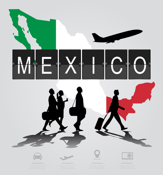 Silueta infográfica de personas en el aeropuerto para vuelo a México
 - Vector, Imagen