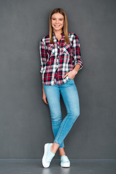 young woman checkered  shirt - Foto, afbeelding