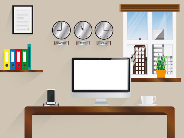 international work place with view to skyscrapers through window - Vector, Image
