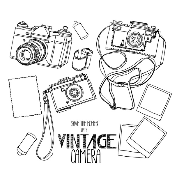 Collection of vintage hand drawn cameras - Vector, Image