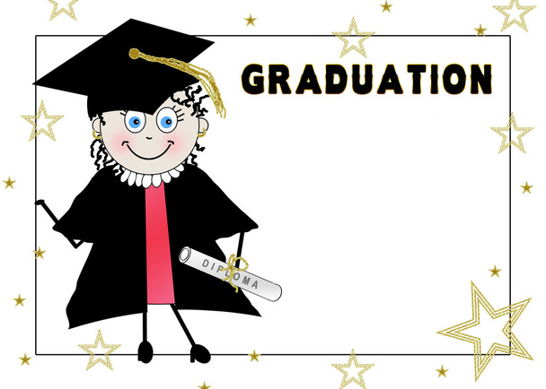卒業背景 - 楽しい女性キャラクター - キャップとガウンの服装 - 金の星 - 写真・画像