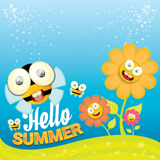 vector cartoon summer landscape with Honey bees - Вектор,изображение