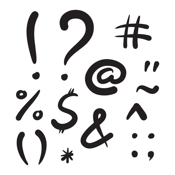 Símbolos informáticos vector ilustración dibujada a mano. Líneas negras sobre fondo blanco. Dólar, signo de exclamación, y, en, por ciento, barra, puntuación, pregunta, coma, estrella y otros
 - Vector, Imagen
