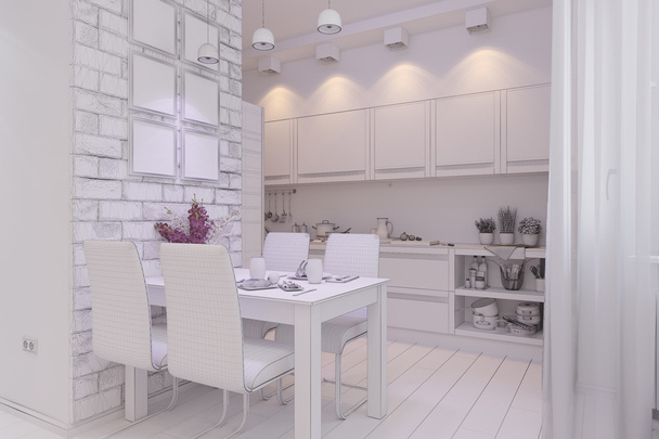 3D рендеринг гостиной с дизайном интерьера кухни в современном стиле
 - Фото, изображение