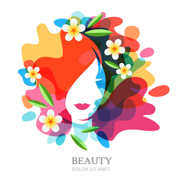 Female face and plumeria flowers on multicolor splash background - Vektor, Bild