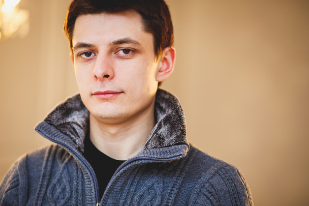 Portrait of young brunette man in a grey pullover ina light room - Foto, immagini