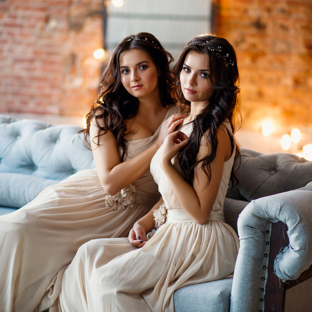 Beautiful twins young women in in gorgeous evening dresses in a loft space in a morning - Photo, image