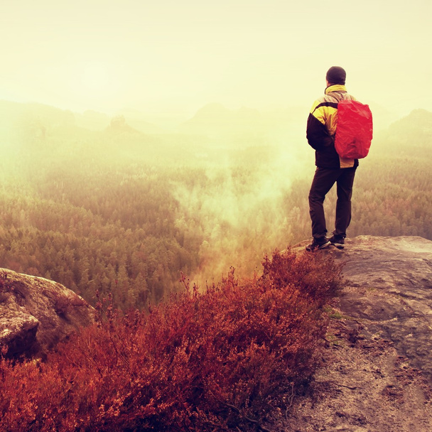 Vista trasera del excursionista masculino con chaqueta negra amarilla en el pico rocoso mientras disfruta de un amanecer después de la noche lluviosa
  - Foto, Imagen