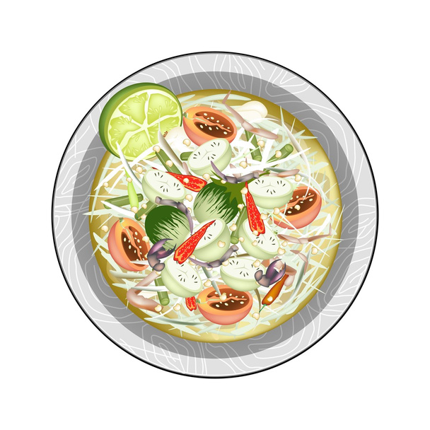 Salada de mamão verde com berinjelas verdes e caranguejos salgados
 - Vetor, Imagem