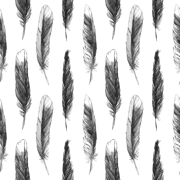 Watercolor black and white monochrome feather seamless pattern - Fotografie, Obrázek