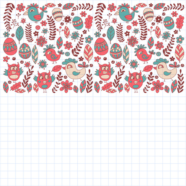 Doodle set with flowers, birds and eggs - ベクター画像