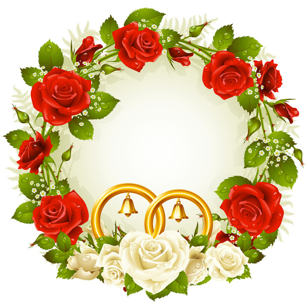 Flower frame. Vector white and red rose and golden wedding rings. - Vektor, obrázek