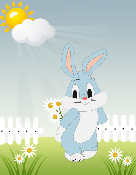 Meadow with bunny holding flower - Вектор, зображення